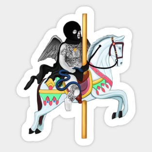 Tattooed Riot cherub on horse carousel with snake Sticker